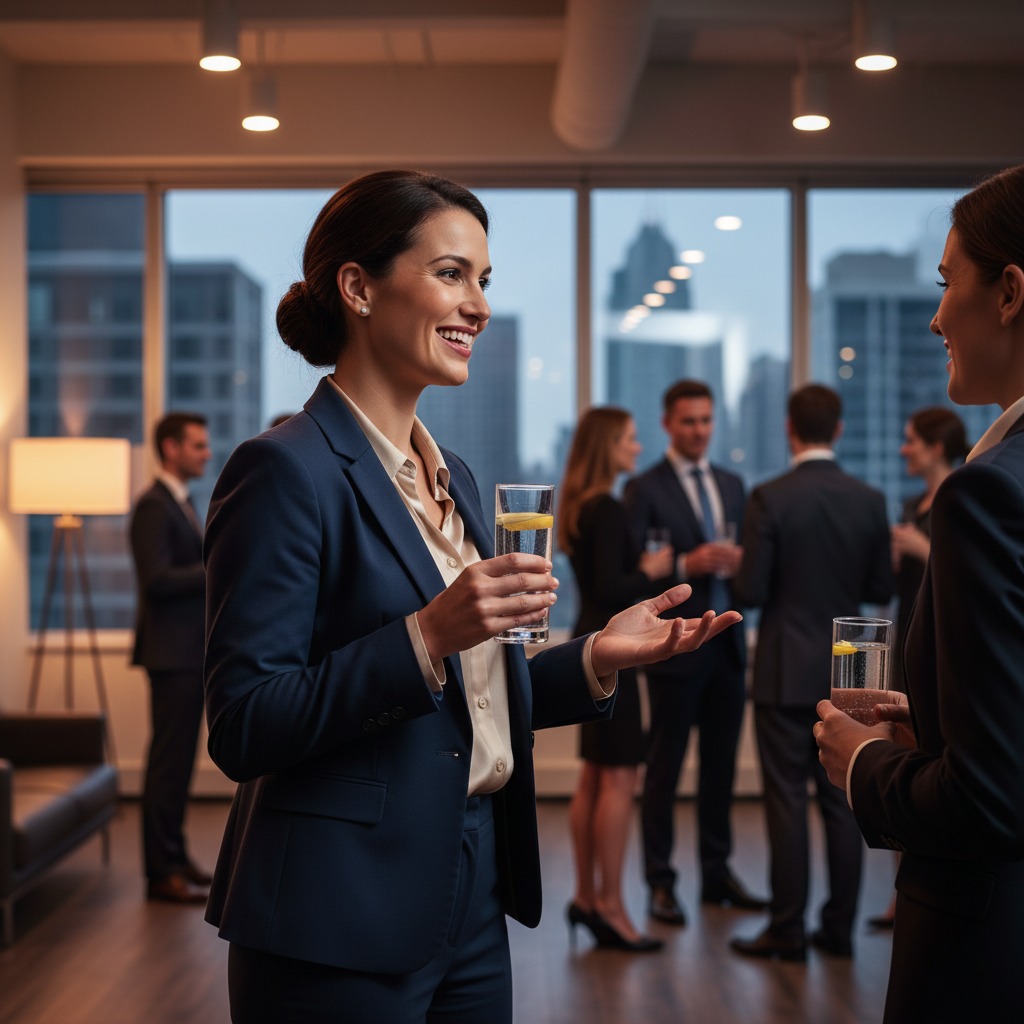 Zwei Geschäftsfrauen unterhalten sich bei einem abendlichen Networking-Event in einem Büro mit Blick auf die Skyline.